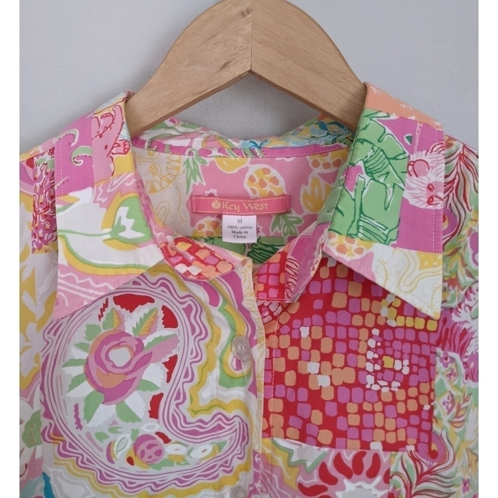 Key West Patchwork Cotton Button Down Top Size M - image 2